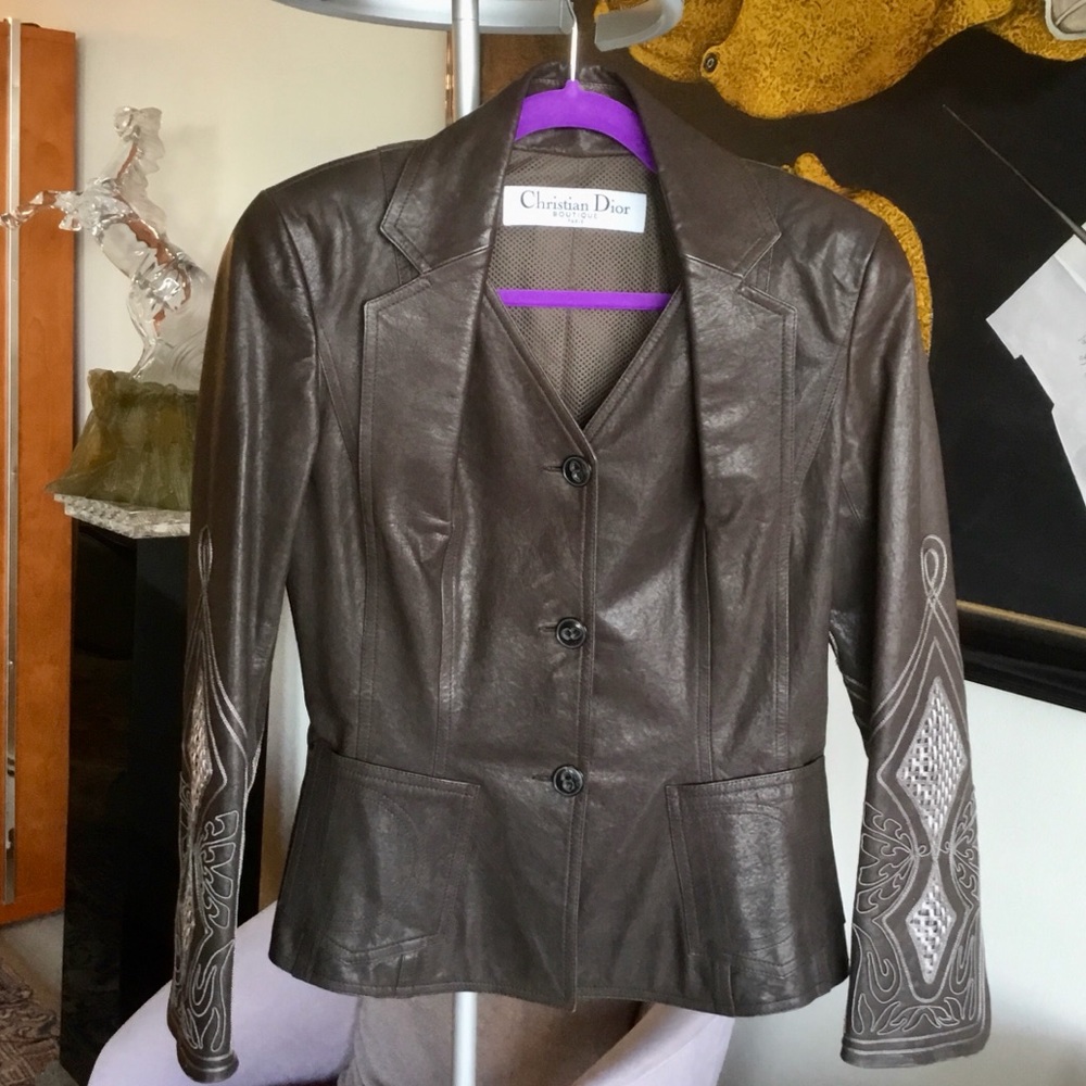 Dior gorgeous leather jacket with embroidery. Sz 8